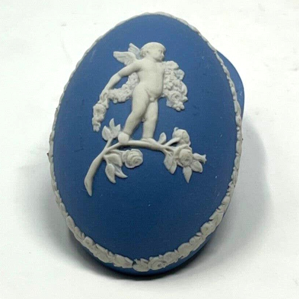 Vintage Wedgwood Egg Shape Trinket Box 4 Inches w Cupid